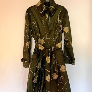 Samuel Dong Olive Bubble Trench Coat with Gold Floral Design Medium fully lined